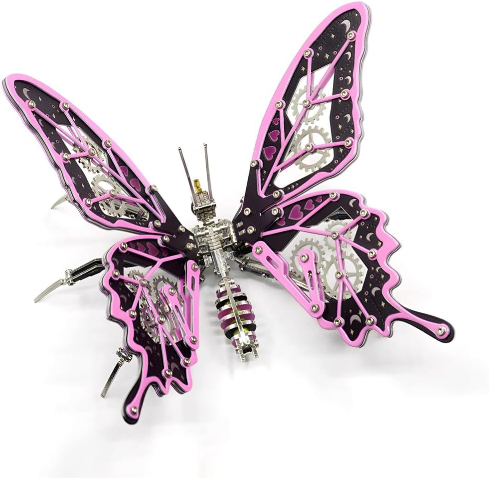 3D Metal Mechanical Butterfly Model Kit, Colorful Simulated Butterfly DIY Assembly Puzzle, Decorative Collectible Display Ornament(Pink)