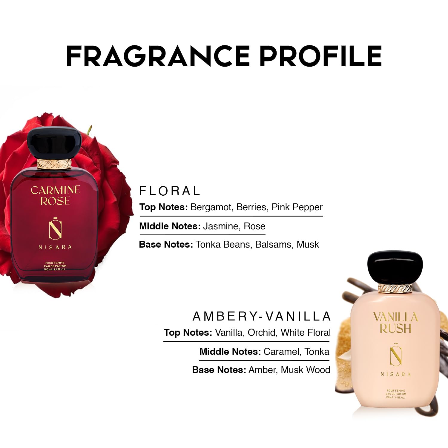Nisara Vanilla Rush & Carmine Rose Perfume for woman 100ml*2 | Long Lasting Eau De Parfum | Ambery Vanilla, Floral Fragrance with | Caramel, Rose, Berries, Jasmine, Musk, Amber| EDP Scent spray for Woman | Premium Perfume For Her