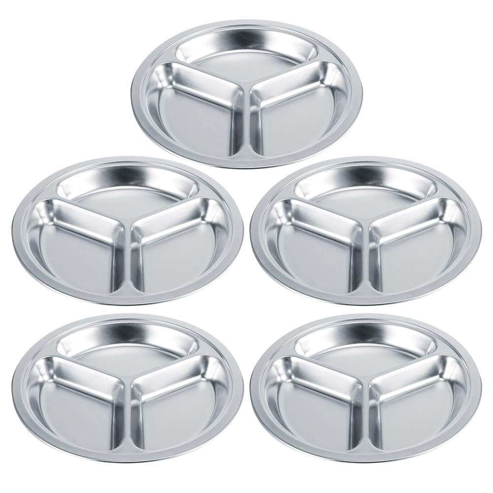 5 assiettes à dîner rondes en acier inoxydable 304 épais, plateau de service pour enfants avec compartiments profonds, vaisselle de qualité alimentaire pour la maison, la maternell (3 cavités)