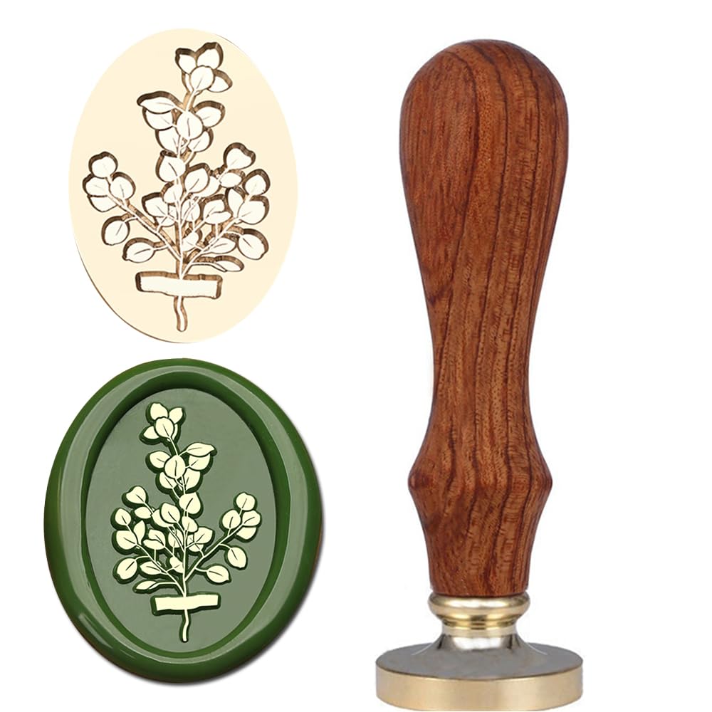 VSECUON Eucalyptus Wax Seal Stamp Vintage Brass Head with Wood Handle for Wedding Invitation Envelopes & Gift Wrap