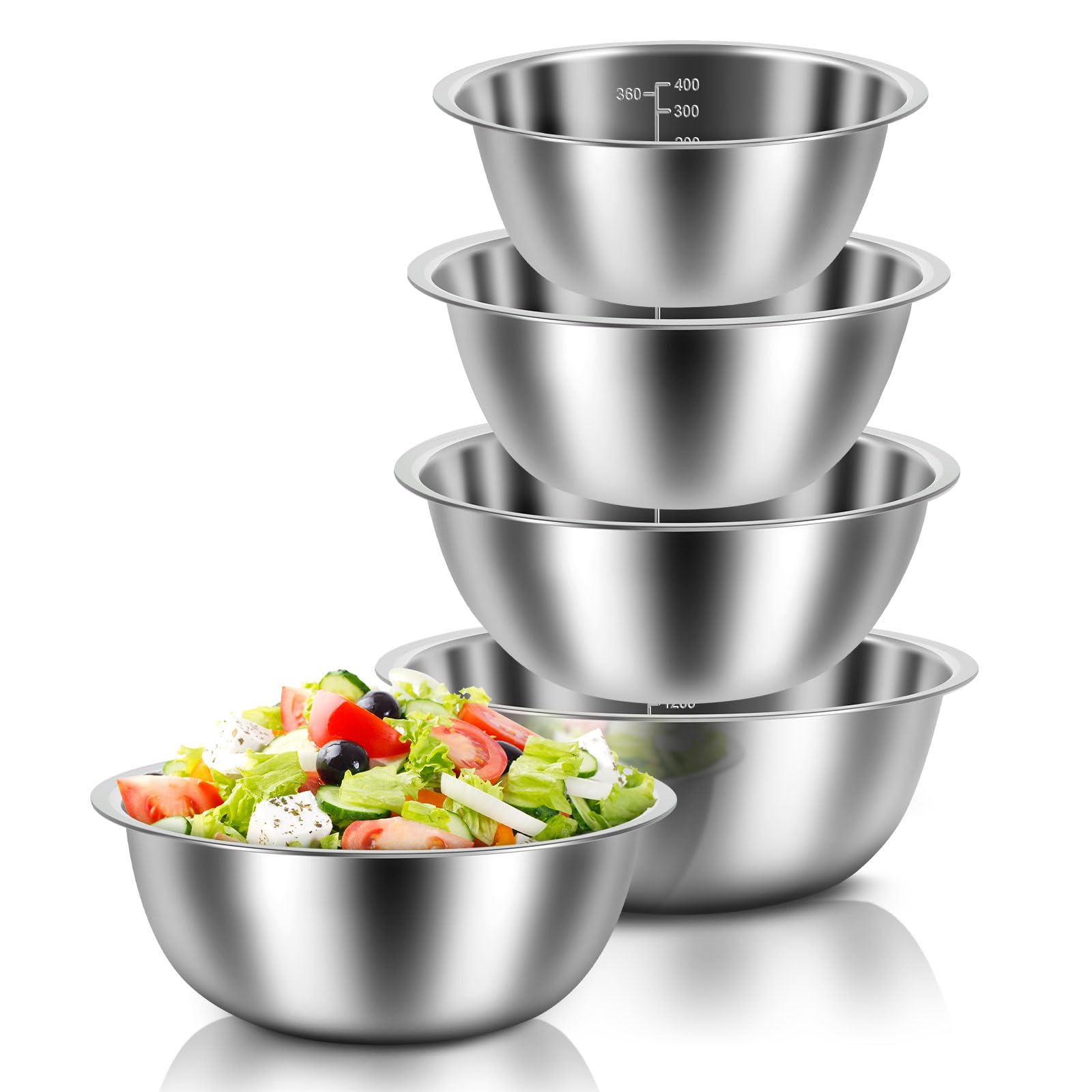 5 Pcs Stainless Steel Mixing Bowl Set With Measurement Markers ,Multipurpose Soup Basin,0.5L /0.8L/1.55L/2.1L/2.6L 5 Sizes Space Saving Nesting Bowls for Baking Cooking Food Storage, Dishwasher Safe