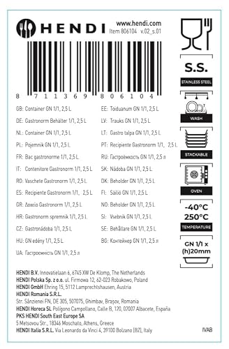 HENDI Gastronormbehälter, mit verstärkten Ecken, geeignet für Chafing Dishes, Bain-marie, Backöfen, Gefrierschränke, temperaturbeständig von -40° bis 250°C, 2,5L, GN 1/1, 530x325x(H) 20mm, Edelstahl
