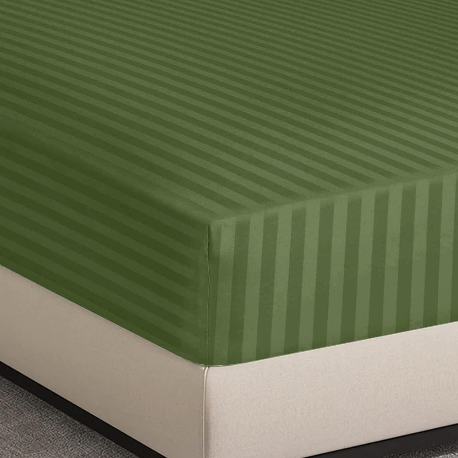 Hafaa Fitted Sheet Single 40cm Soft Brushed Microfiber with Olive Green Satin Stripes Fade Resistant Easy Care Breathable Bed Sheets (90 X 190)