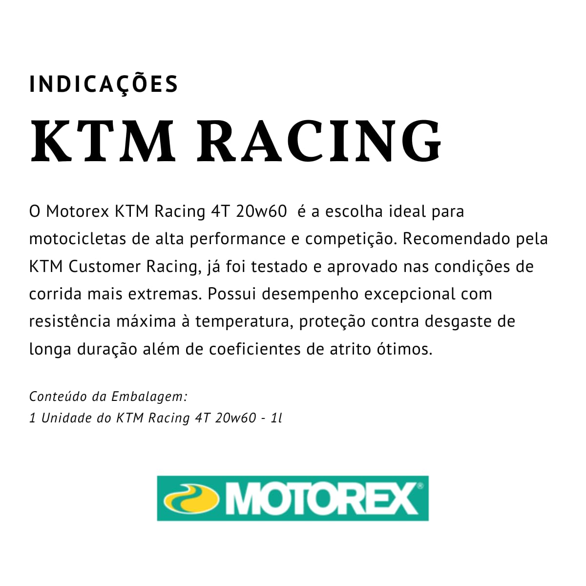 MOTOREX - Huile Moto Compatible KTM RACING 4T 20W60 1Litre