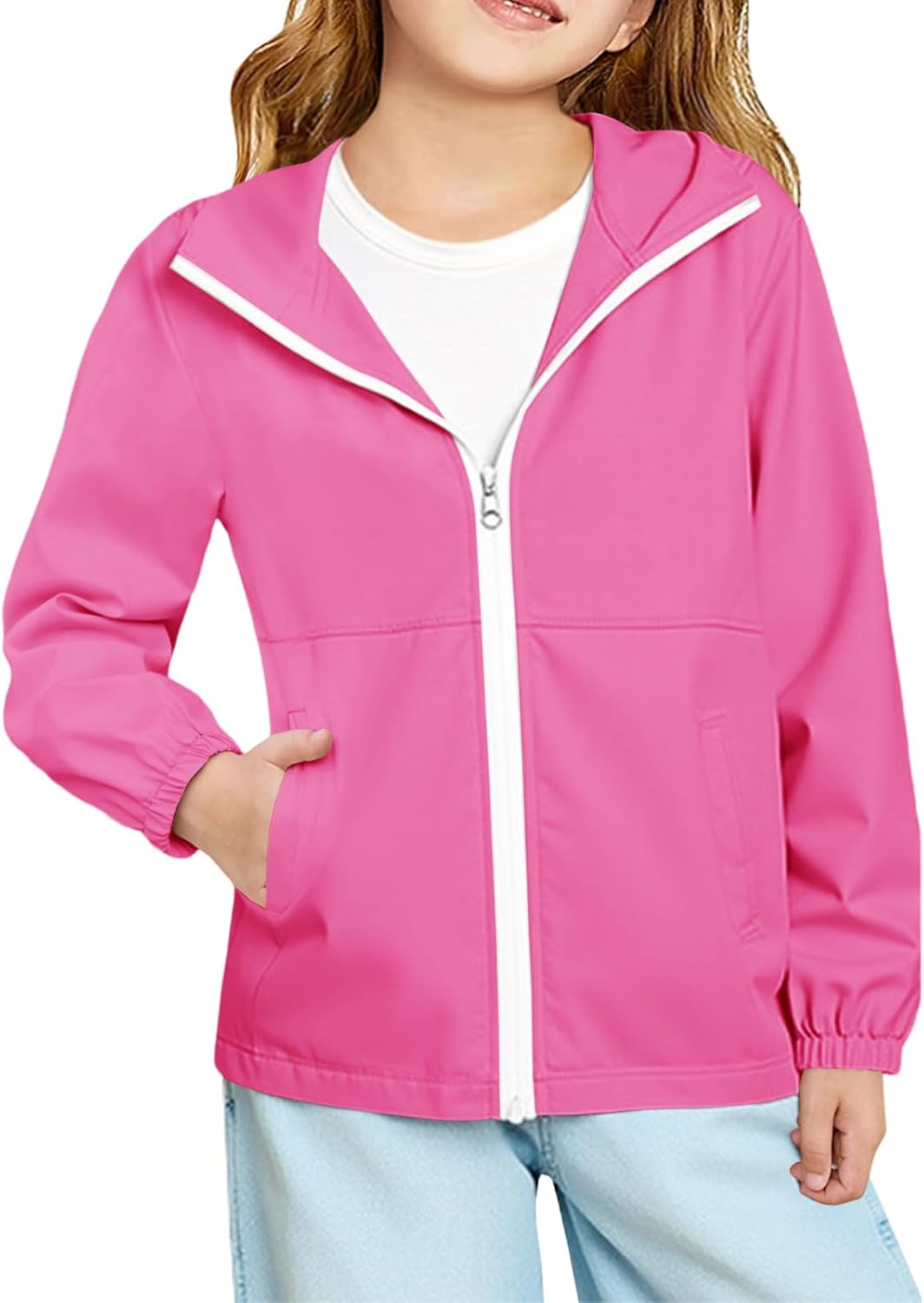 Haloumoning Girls Hooded Jackets Kids Waterproof Windbreaker Lightweight Rain Coats with Pockets 5-14 Years