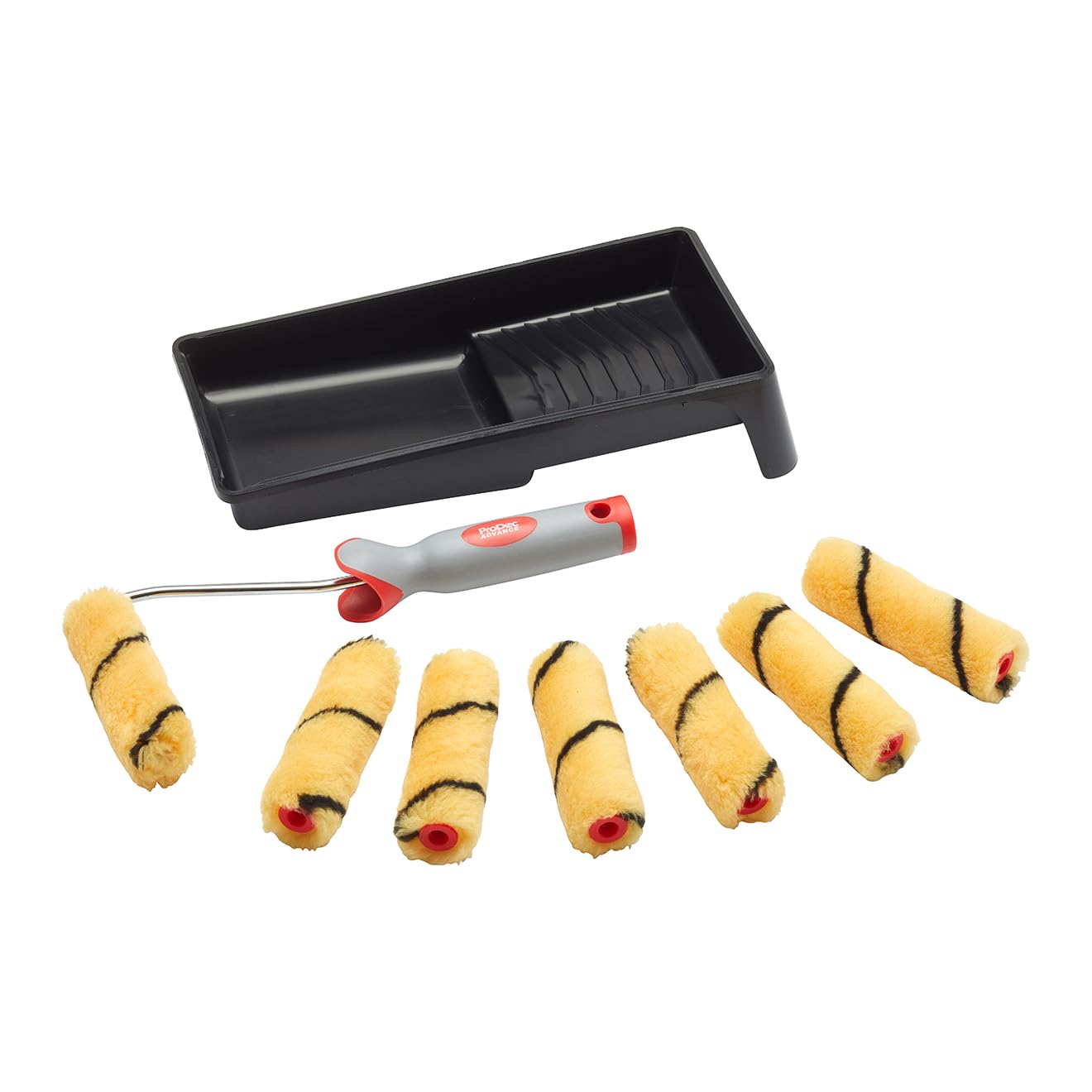 ProDec 9 piece Woven 4 inch Mini Paint Rollers, Soft Grip Frame and Tray Set for a Smooth Finish Painting with Emulsion Paints on Interior Walls and Ceilings, 4"