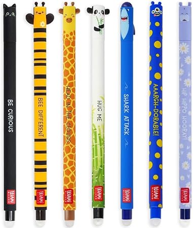 Legami Set mit 7 radierbaren Gelstiften mit thermoempfindlicher Radiertinte, verschiedene Tintenfarben und Schaftdesigns, 0,7 mm Spitze, Designs: Katze, Biene, Corgi, Giraffe, Panda, Hai, Nilpferd