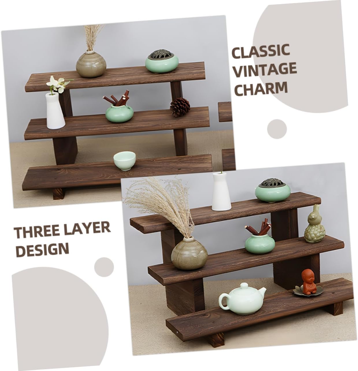 Wooden Display Stand for Succulent Plants Rustic Art Shelf Vintage Wooden Countertop Organizer for Figures and Collectibles Compact Design for Home and Office Decor