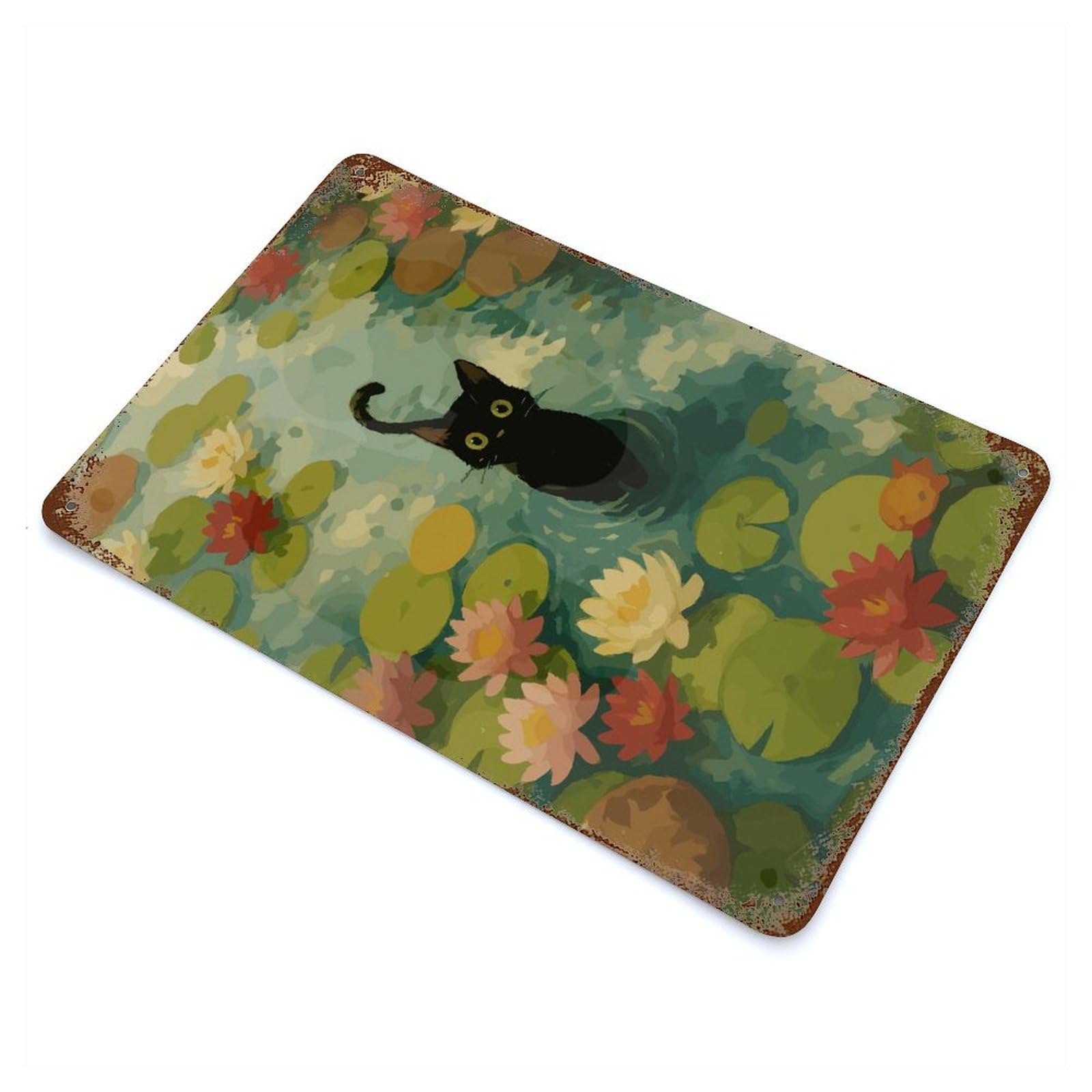 Rust Effect Black Cat in Lily Pond Vintage Rust Metal Sign 11.8"x7.9", Rustic Home Decor for Farmhouse, Kitchen And Entryway Decor