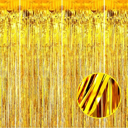 Image of 4 Pack Gold Foil Fringe Curtain Backdrop, 3.28Ft x 8.2Ft Metallic Tinsel Foil Fringe Streamer Curtains for Photo Booth Props, Birthday, Wedding, New Year's, Christmas Decoration Party Supplies New
