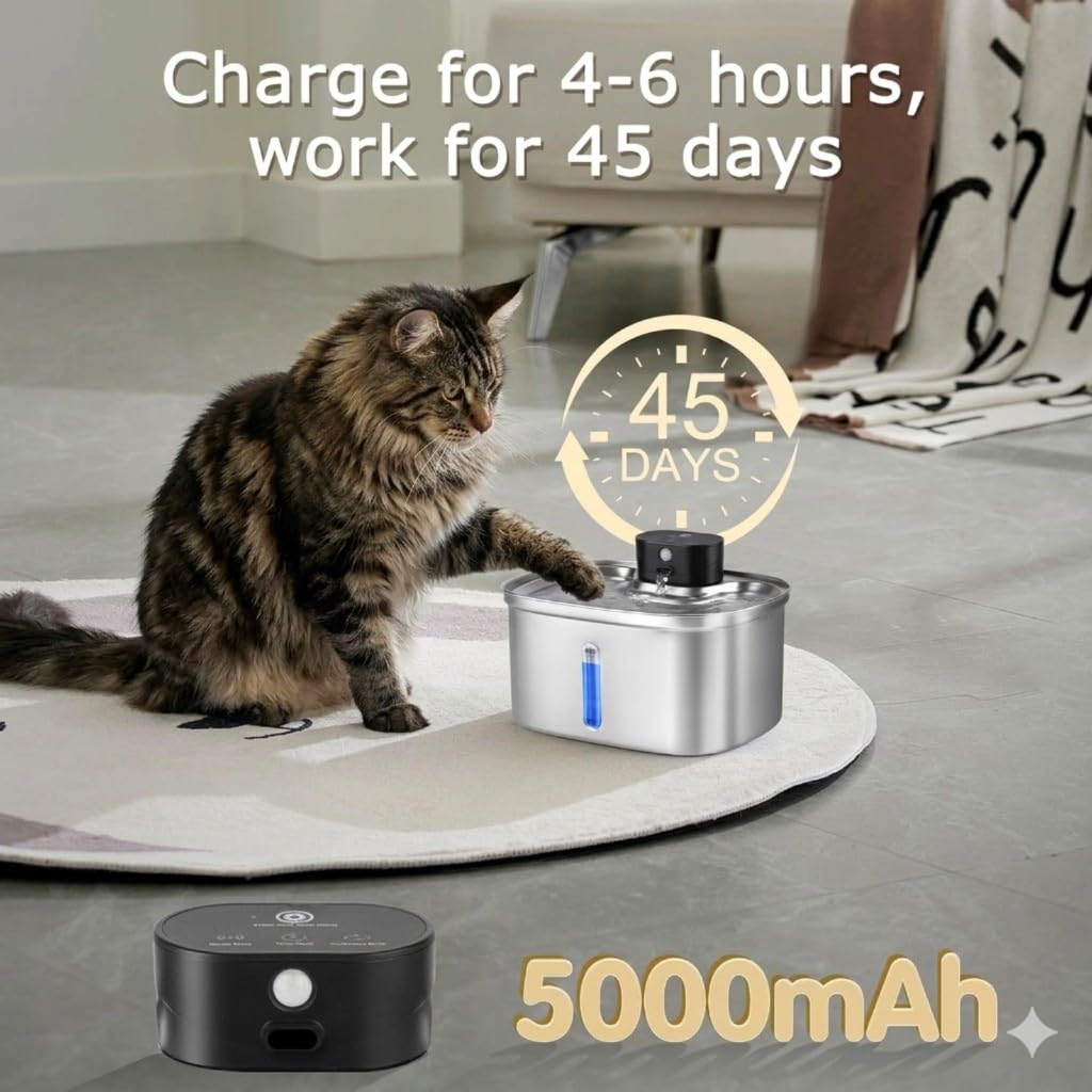 Fuente de Agua automática para Mascotas Acero 5L dispensador automático con batería 5000mAh 3 Modos Flujo Bomba Ultra silenciosa y 6 filtros Repuesto Gatos Perros