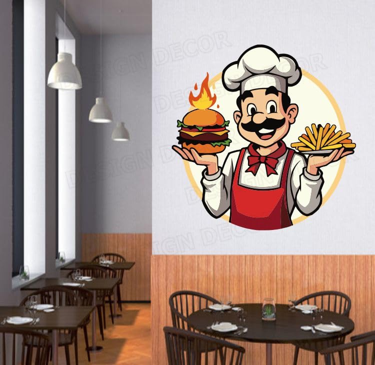 DesignDecor Male Chef with Burger Wall Sticker for Kitchen & Cafe - Waterproof Vinyl Decal Restaurant Self-Adhesive Fast Food Decor Mural for Hotel & Canteen Cafe Self-Adhesive (RED)-image-44