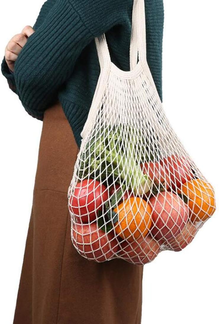 4 Pack Portable Reusable Grocery Bags Fruit and Vegetable Bag Washable Cotton Mesh String Organic Organizer Shopping Handbag Long Handle Net Tote (grey blue,Black,Beige,Pink)