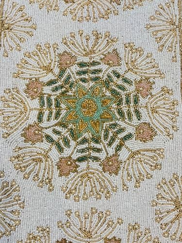 Image of Handmade Cream Gold Beaded Dining Table Runner | Elegant Console Runner for Dining Table Decor, Festive Decoration & Diwali Gifting | Luxury Bead Work Table Accent for Home & Parties