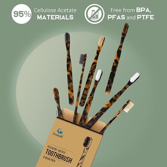 Isshah Plant-Based Cellulose Acetate Toothbrushes - 8 Pack - Tortoise
