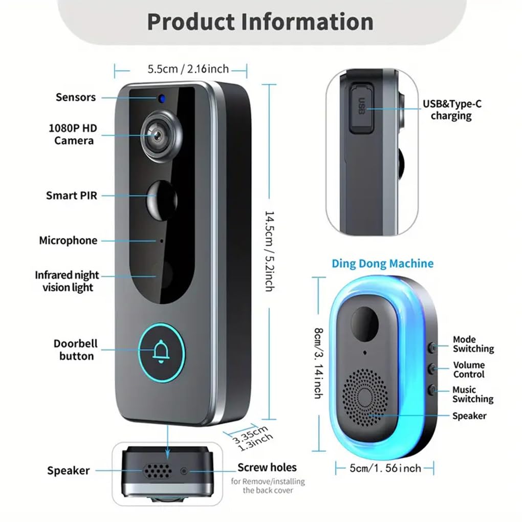 Timbre Inteligente Recargable con intercomunicador bidireccional y activación por PIR. Almacenamiento en la Nube Gratuito y Permanente. Compatible con ABS, M20