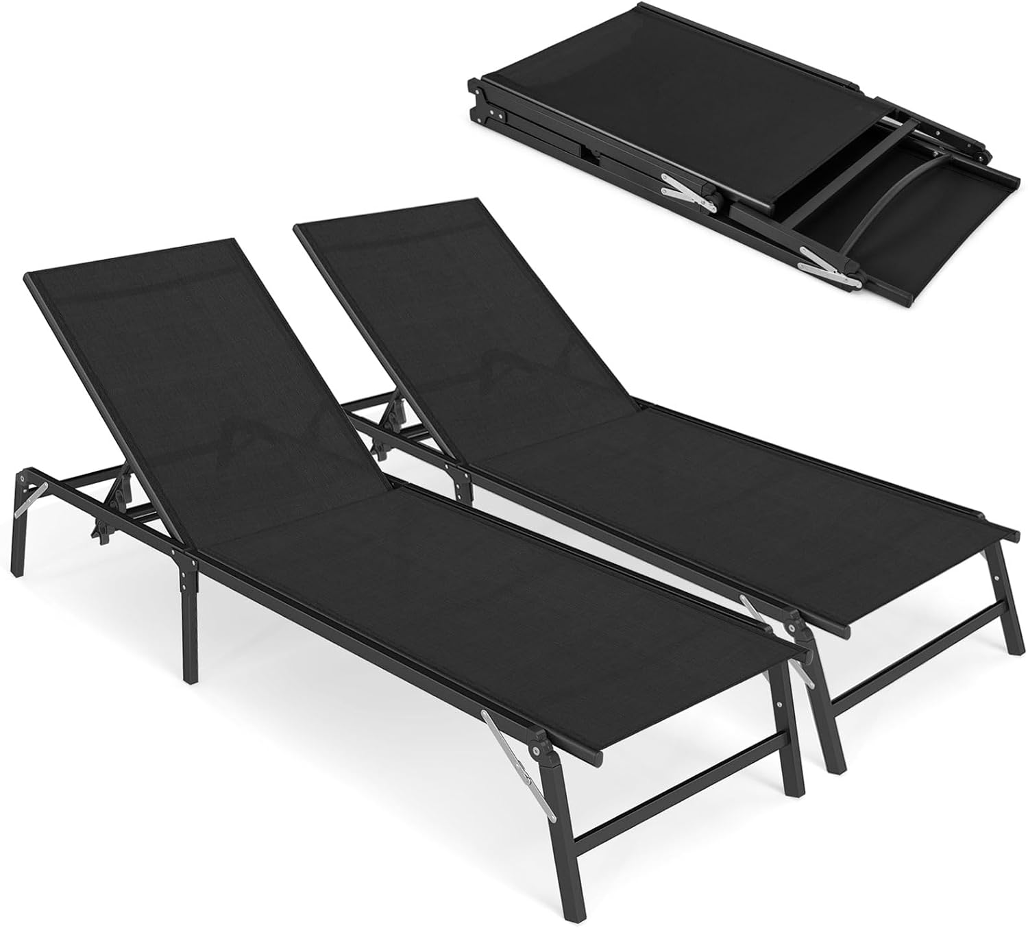 Tangkula Lounge Chair Outdoor Set of 2, Foldable Patio Chaise Lounge Chairs with 5-Position Adjustable Backrests, Breathable Fabric, Heavy Duty Metal Frame, No Assembly, Pool Loungers for Deck, Yard