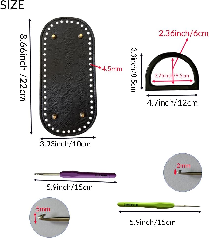 4 Pcs Leather Crochet Bag Bases, 8 Pcs D Shape Purse Handles with 2 Size Crochet Hooks for DIY Bags Craft Making - Image 2
