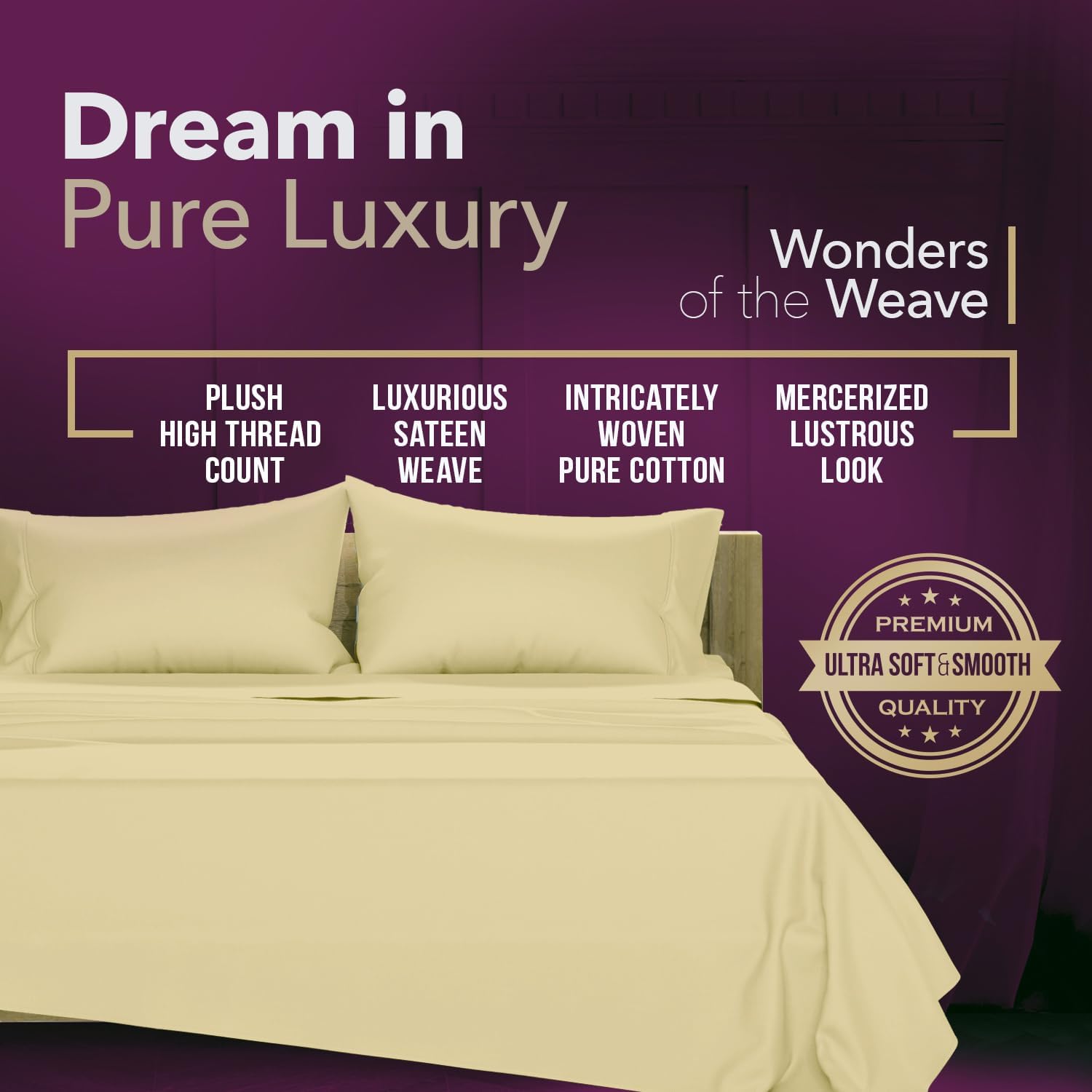 Texas Linen Co. 100% Egyptian Cotton Pillow Cases King Size Set of 2 - Luxury 1200 Thread Count Sateen Beige Pillow Covers, Silky Soft & Cooling Extra Long Staple Pillowcases, Fits King Size Pillows