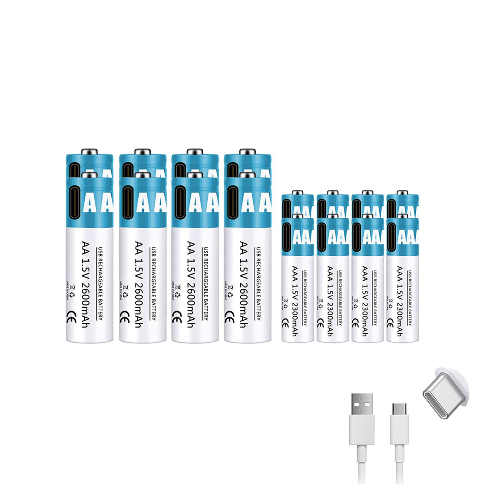 Baterías Recargables AA+AAA 1,5 V 2600 mAh + 2300 mAh batería de Iones de Litio de Alto Rendimiento Carga rápida USB-C (con Cable) para Juguetes/teclados,2600mah+2300mah,8pcs