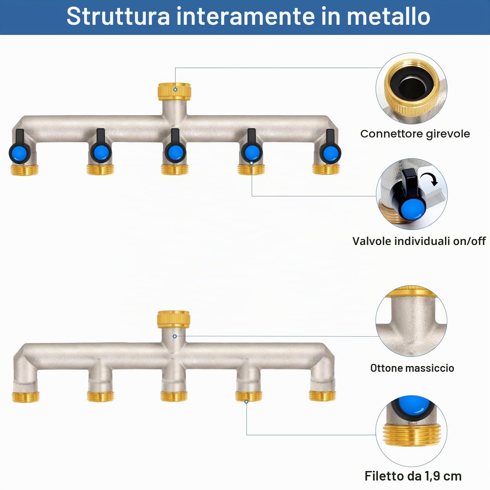 5 vie rubinetto distributore acqua in ottone per 5 dispositivi/tubi da giardino, 5 distributori 3/4" adattatore 1/2" con valvola a sfera per regolare e bloccare il flusso d'acqua
