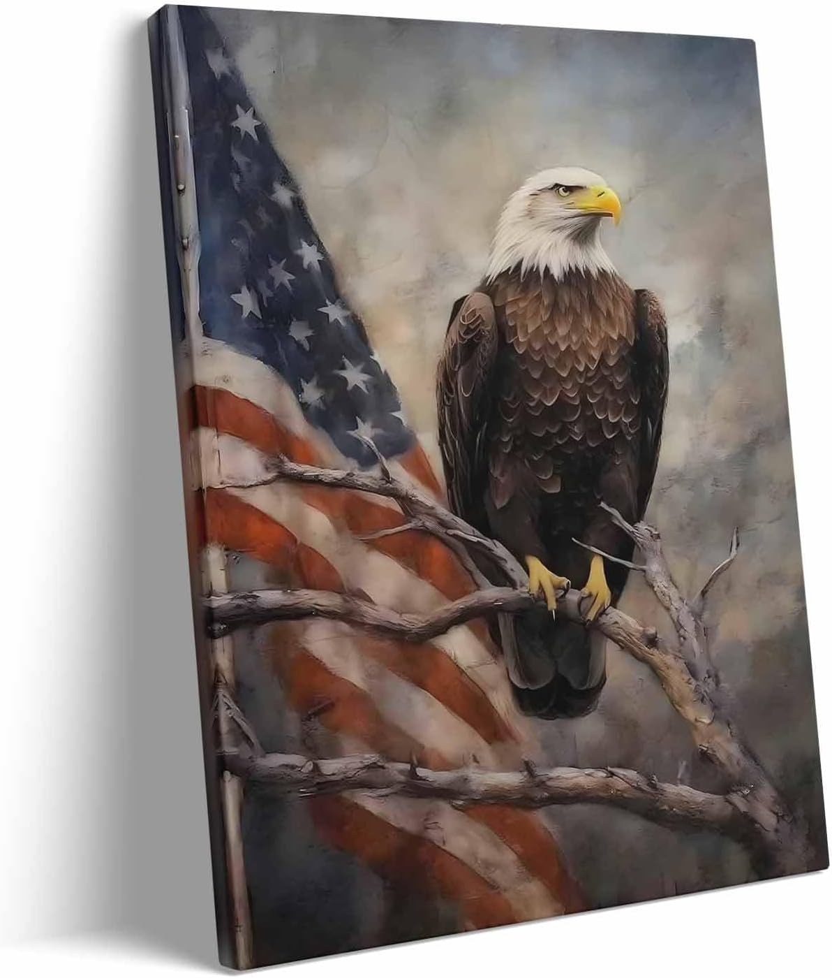 Patriotic American Eagle Canvas Wall Art, Bald Eagle on Tree Branch with American Flag Background Print, Rustic Memorial Day 4th of July Wall Oil Painting for Farmhouse Cabin or Office Decor 24x30inch