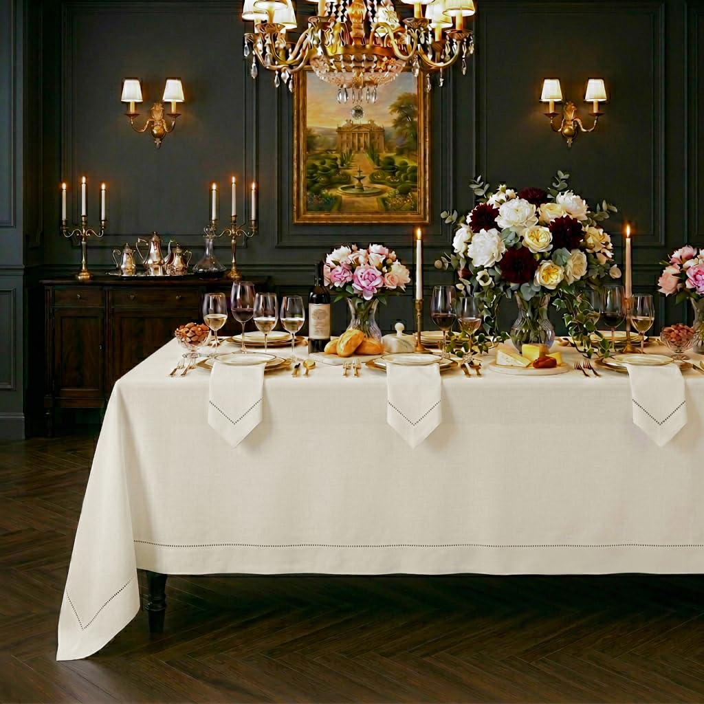 Signature Linen™ by D'Moksha Ivory Tablecloth, Dining Tablecloth 150 x 270 cm, 100% Pure Linen, Hemstitch, Machine Washable Table Cloth for Dining- Summer, Weddings, Outdoor hostings — image 1