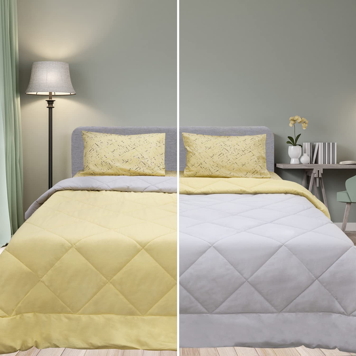 SleepX 100% Soft Mercerised Cotton Reversible Microfiber Comforter - Diamond Quilting- Double 104"X88" - Custard