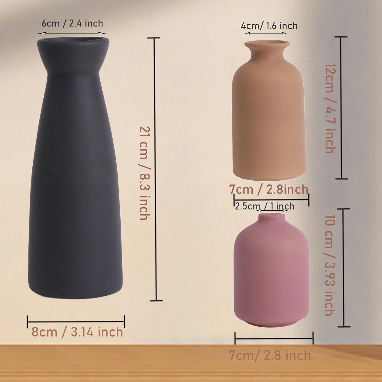 Ceramic Vase Set of 3, Rustic Modern Brown Vases for Bouquet, Fresh or Dried Plants, Home Decor-Modern Decorative Ceramic Flowers Vase for Rustic Home Decor (Black-Pink) - Image 2