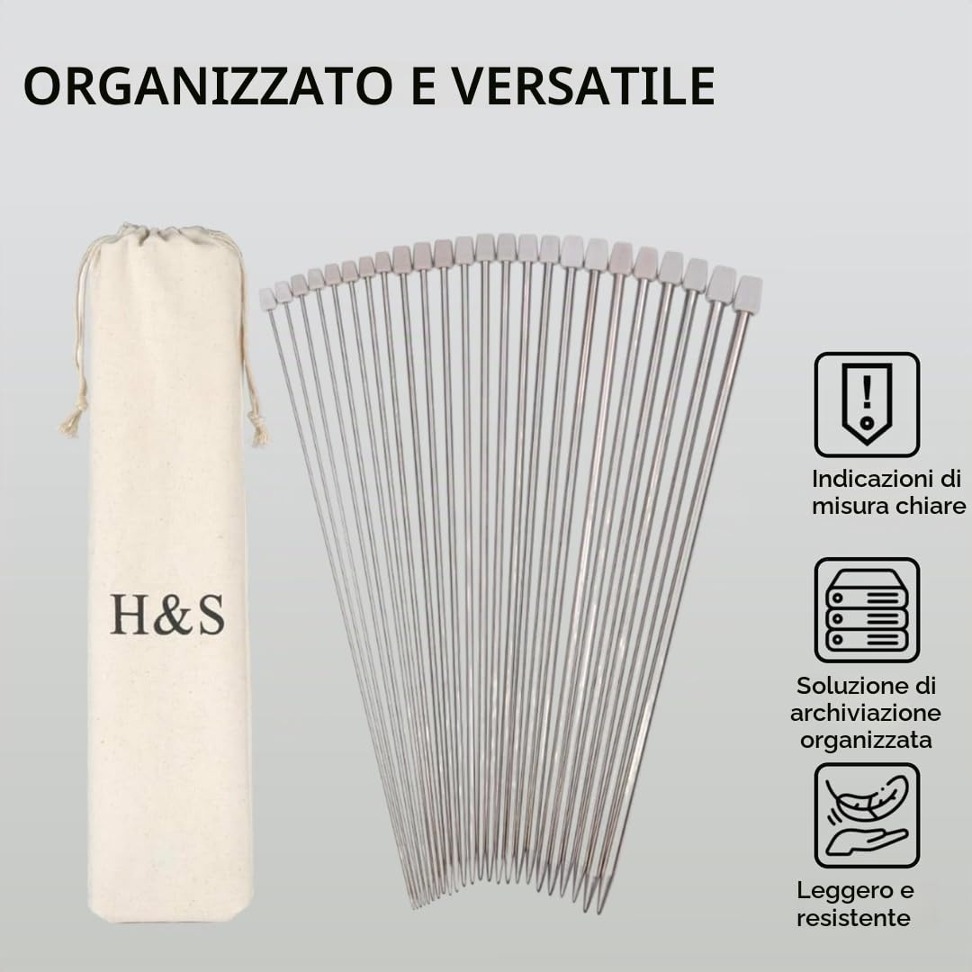 H&S® - Set da 11 paia di ferri da maglia in acciaio inox a punta singola (36 cm) 2,0mm, 2,5mm 3,0mm 3,5mm 4,0mm 4,5mm 5,0mm 5,5mm 6,0mm 7,0mm 8,0mm, con custodia