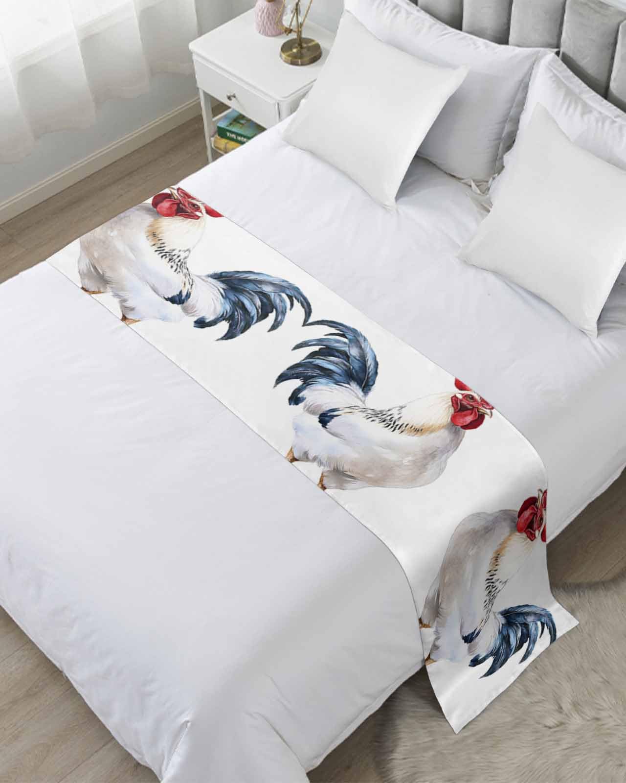 White Rooster Bed Runner for Full/Queen Size, Vintage Farmhouse Animals Bedspread Protector Slipcover Bed Scarf for Foot Runners & Scarves for Bedroom Hotel Wedding Room 83x20 Inches