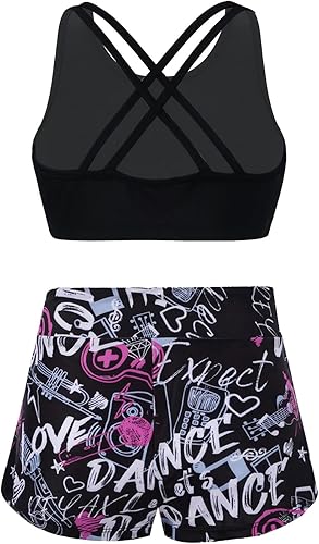 Vista 4 de Moily Girls GymnasticsDanceSports Two Piece Outfit Criss Cross Back Crop Top with Booty Shorts Swimwear