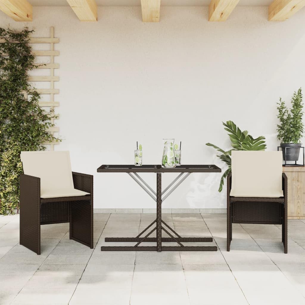 Set da 3 pezzi da bistrot con cuscino, marrone, polyrattan, sedie pieghevoli, tavolo in vetro, resistente ai raggi UV, per giardino, balcone, terrazza, set di mobili da esterno confortevole