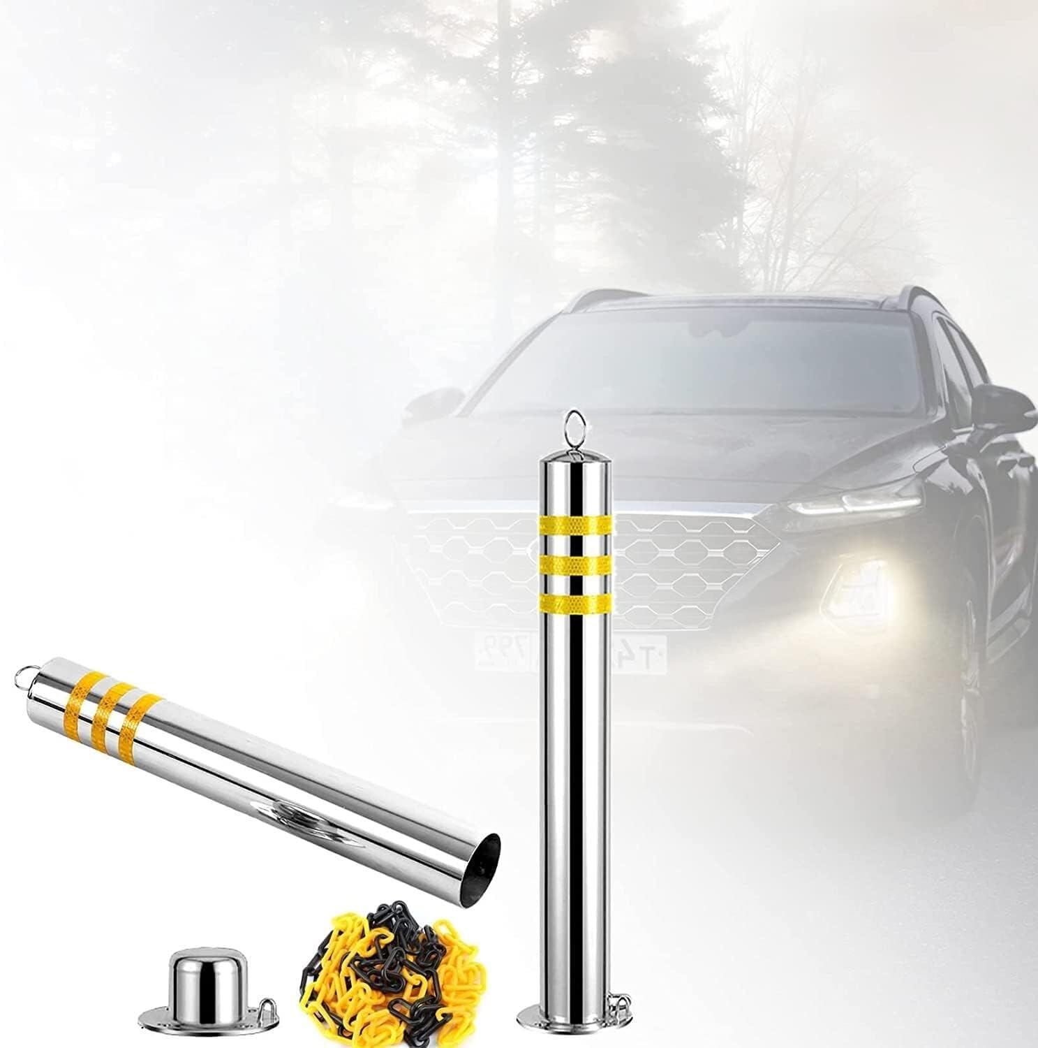 DUANHOZ Parking Bollard 2 Pcs Safety Parking Post Bollards, Stainless Steel Stanchions With Chain For Parking Space, Construction Sites for Parking Lot/Road Traffic/Construction