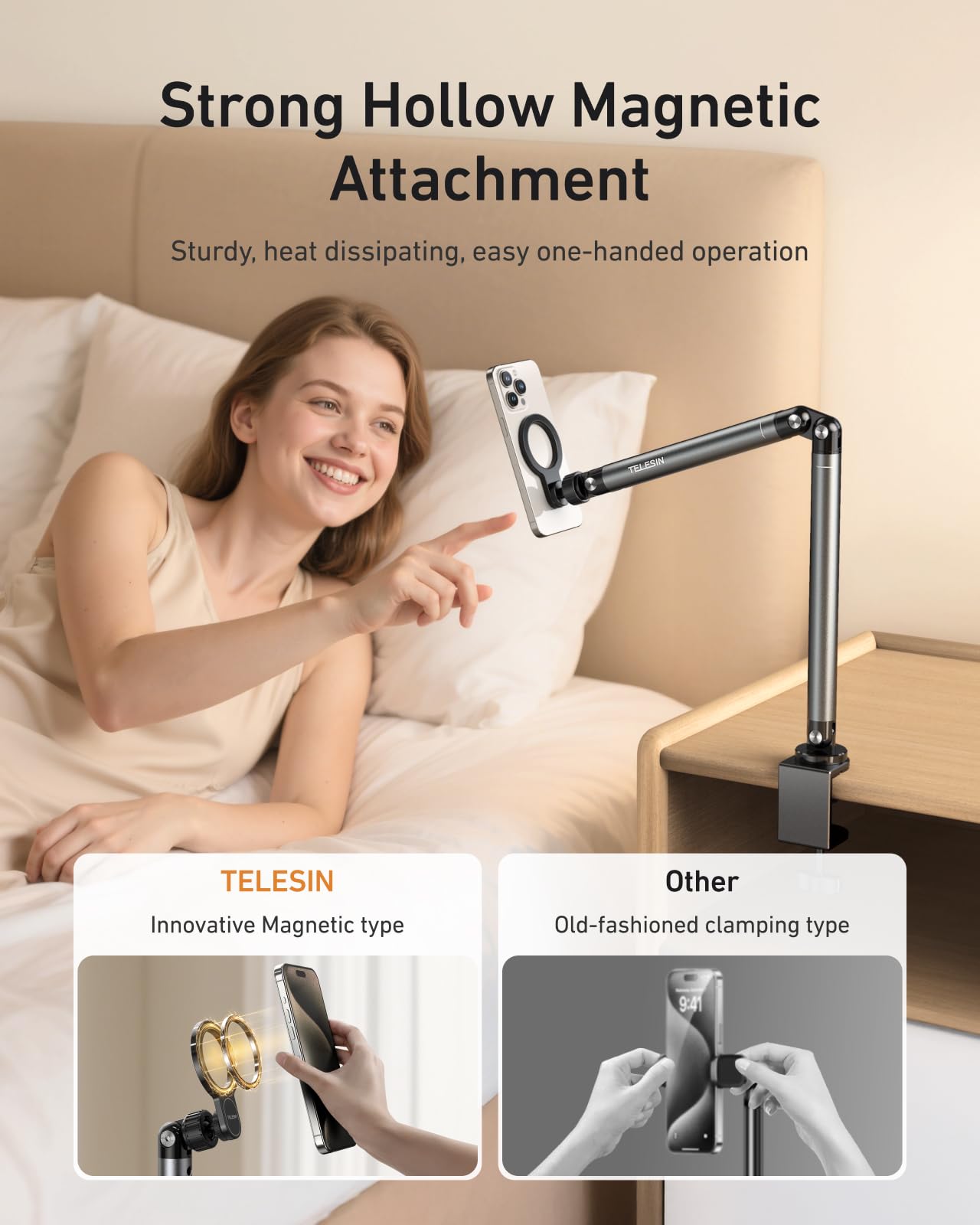 TELESIN Magnetische Handyhalterung Bett - 360° Drehbarer Handy Halterung-Kompatibel mit MagSafe, Handyhalterung Tisch für Phone/Tablet, usw, Holder für Schlafzimmer, Schreibtisch beim Lesen/Streaming
