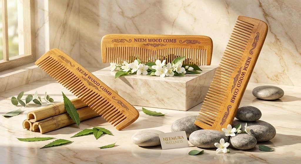 wooden comb Kacchi Neem Wood Comb | Anti-Hair Fall, Dandruff & Frizz Control | Herbal Dual-Tooth Wooden Comb for Men & Women | Oil-Treated with 15+ Ayurvedic Herbs, Including Neem, Bhringraj, and Amla-image-24