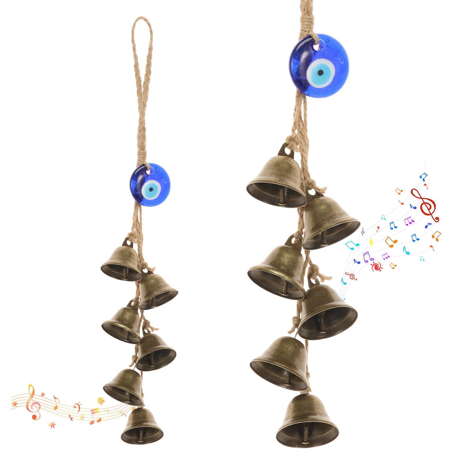 JETHMA 2Pcs Evil Eye Protection Wind Chime Hanging Bell Ornament with Vintage Bronze Bell Hemp Rope Decor for Home Door Window and Wall(navy blue,2)