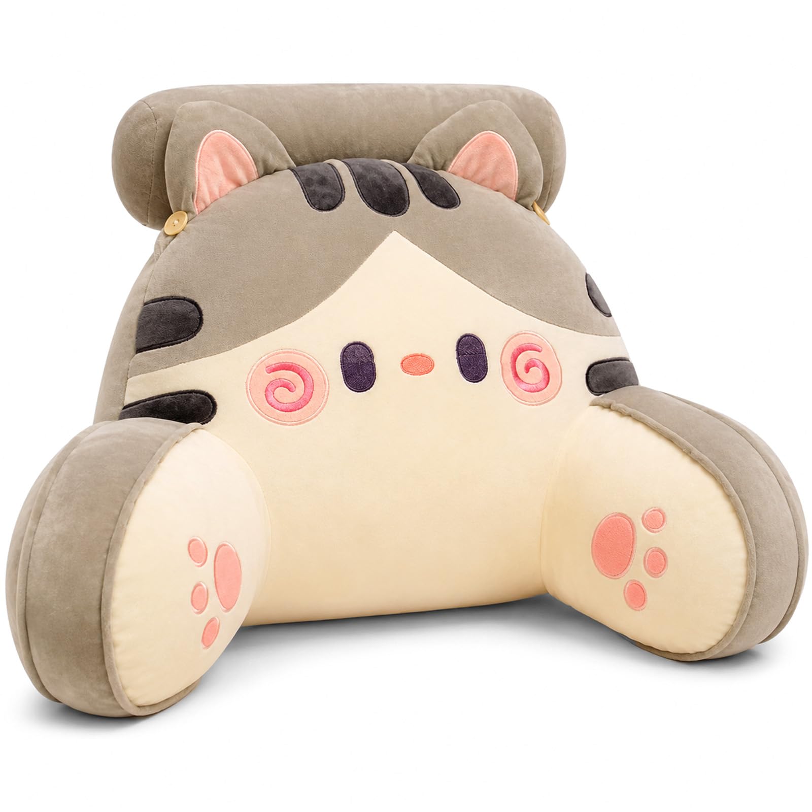 AZMAHT Reading Pillow, Plush Back Support Cushion with PP Cotton Filling, Raised Back & Armrests Support Pillow, Cute Back Support Pillow for Bed, Sofa, Gaming & Student Rooms,Grey Cat,75X50CM