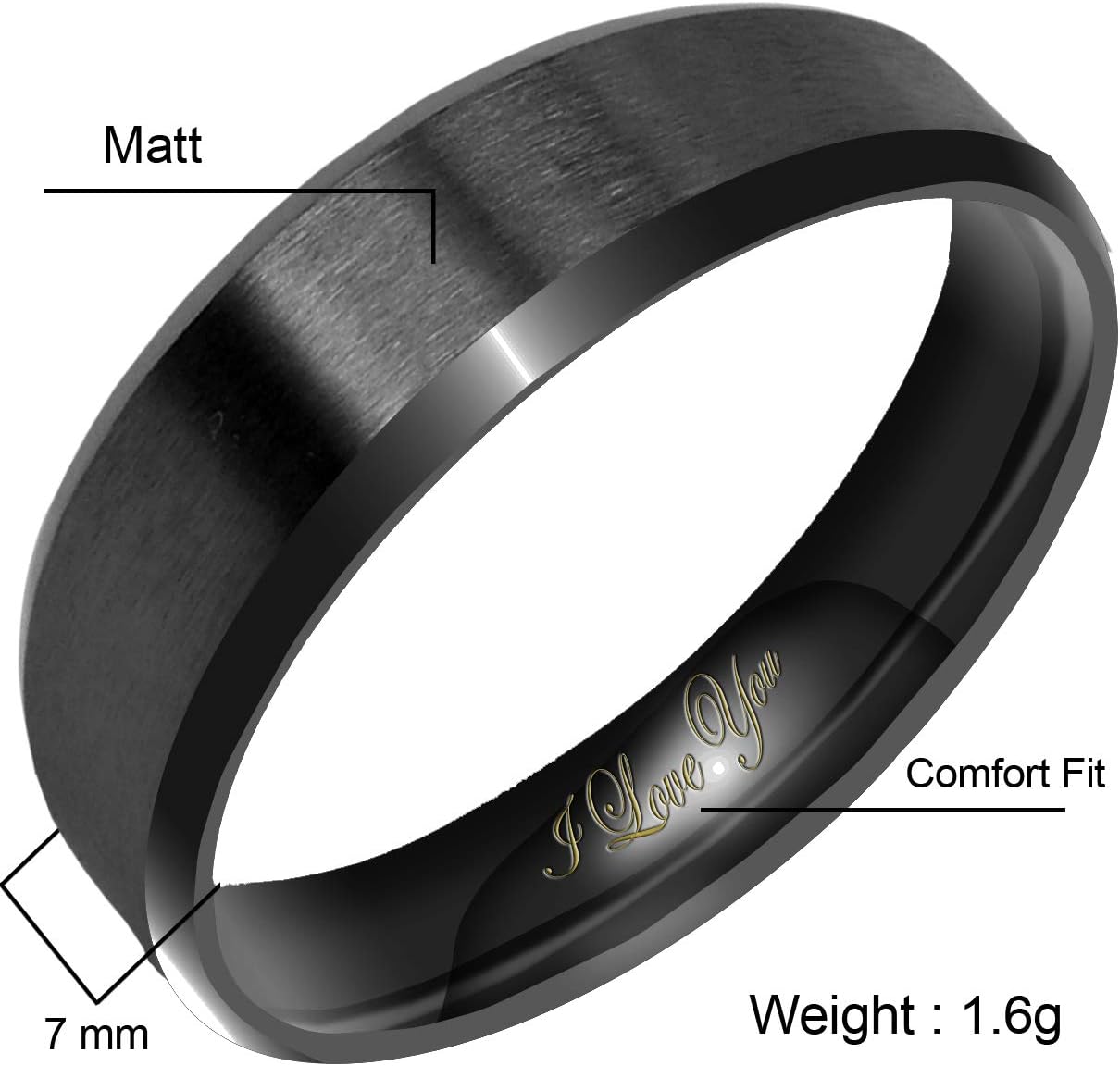 Everstone Women's Matte & Brushed 5MM & 7MM Flat Beveled Edge Promise Ring Wedding Bands Titanium Ring Color: Black Engraved I Love You