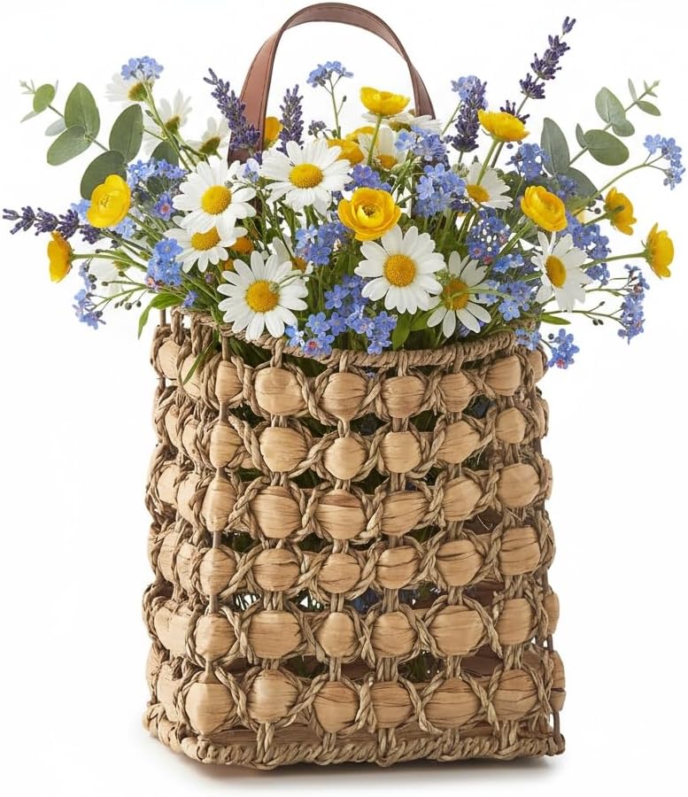 Handwoven Hanging Basket for Wall Baskets-Water Hyacinth Hanging Basket for Front Door, Wall/Door Baskets for Organizing, Storage, Flowers Décor (Water Hyacinth-02)