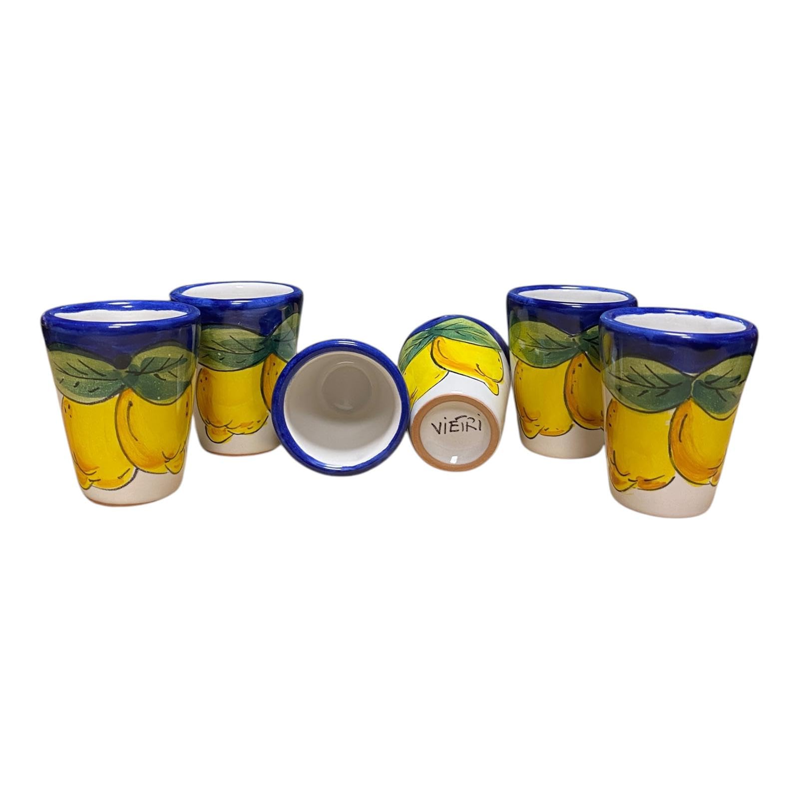 La Maison Unique: Set 6 Limoncello Gläser aus Keramik Vietrese Traditionelle Amalfiküste handbemalte Zitronen blauer Hintergrund 1212241905