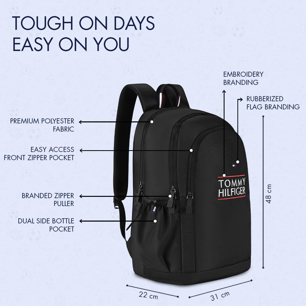 Tommy Hilfiger Student School Bag & University Backpack Coral - Black | Durable Water-Resistant Polyester with Premium Embroidery | Multi-Utility Organiser & Rain Cover | 33L Capacity 2