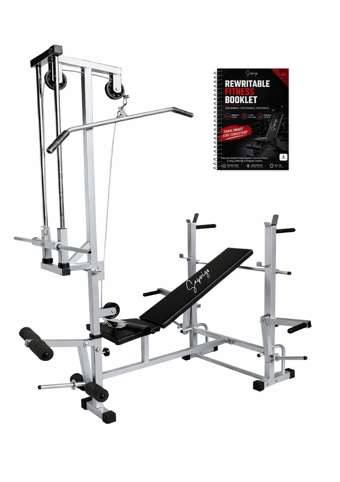 20-in-1 Multifunction Home Gym Bench with Lat Pull Down & Leg Extension | Single Support | 190 kg Capacity | Adjustable Incline/Flat/Decline Weight Bench for Full Body Workout (SIlver)-image-39