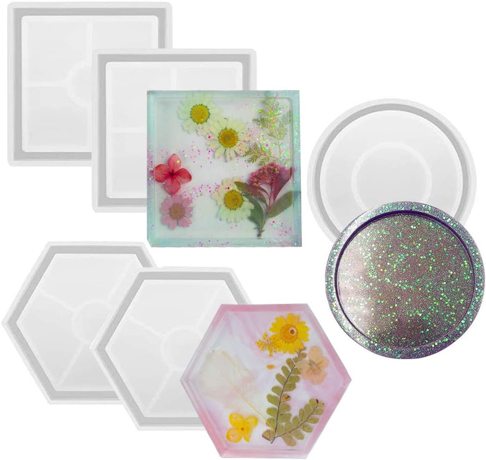 EVNEED 5 Pcs DIY Coaster Silicone Mold,Include Round,Square,Hexagon Silicone Resin Mold,Bottom Bracket Prevents Deformation, Molds for Casting with Resin, Concrete,Cement