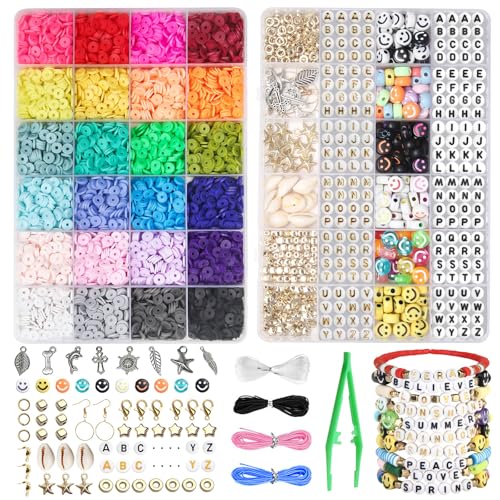 Liangding Perlen zum Auffädeln, 7048 Stück Heishi Perlen Set, 6mm Polymer Clay Perlen, Armbänder Selber Machen mit Smiley, Buchstaben Perlen und Anhänger für Halsketten, DIY Bastelsets Geschenke