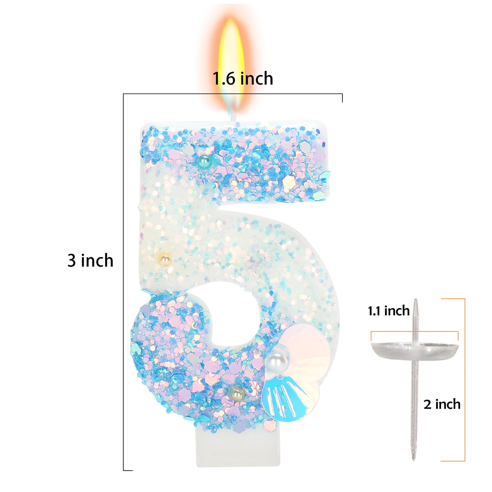 ElekFX Birthday Candle for Cake, Mermaid Vibes Blue 5 Candle, Mermaid Party Supplies Starfish Shell Glitter Decor 2.76 inch Candle, Cake Topper Decoration for Birthday Party (Number 5)
