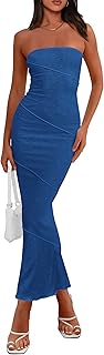 Women's Ribbed Maxi Bodycon Dress Summer Strapless Tube Y2K Party Club Long Dresses - Buy now