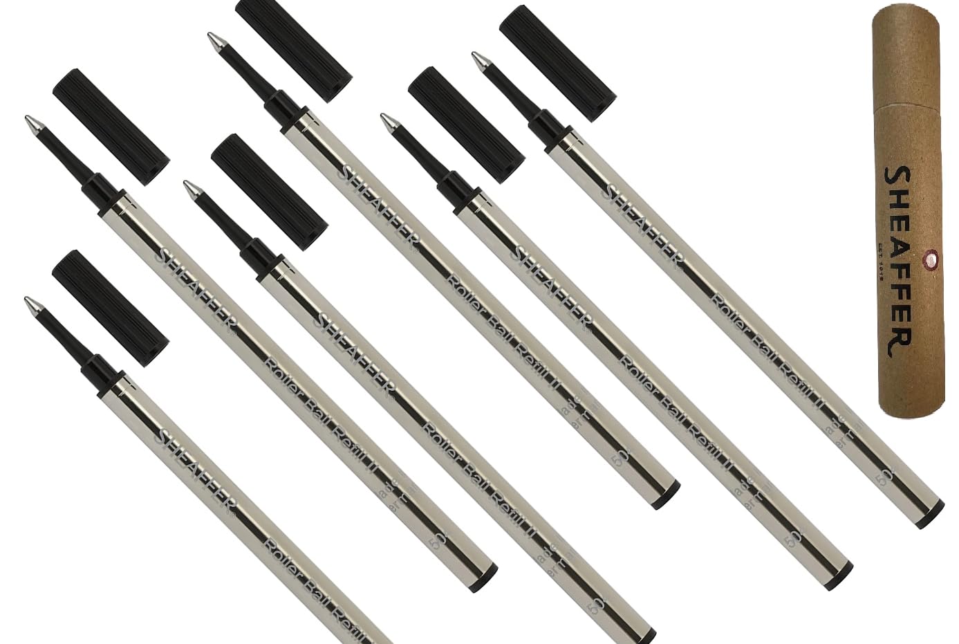Lot de 6 recharges Sheaffer Slim pour stylos roller Sheaffer Valor, Agio, Prelude, intesity, VFM, Taranis, Sagaris, Sheaffer (100, 200, et 300) dans un tube de rangement (noir)
