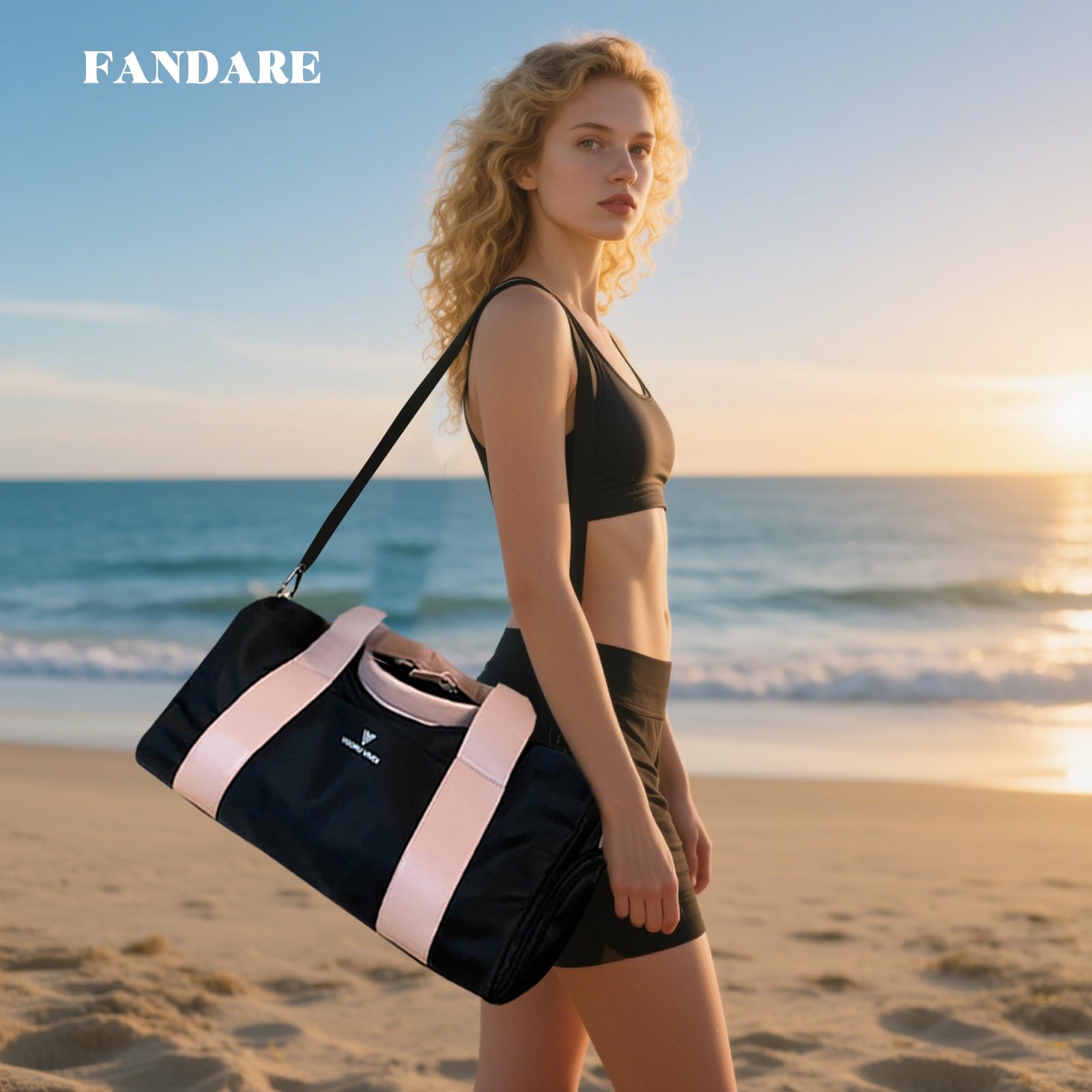 FANDARE Unisex Borsone da Viaggio Borsa Palestra Borsa Sportivo Weekender Borsone Piscina Nascita Ospedale Borsa a Spalla con Scomparto Scarpe & Tasca di separazione bagnata e asciutta Nero Rosa