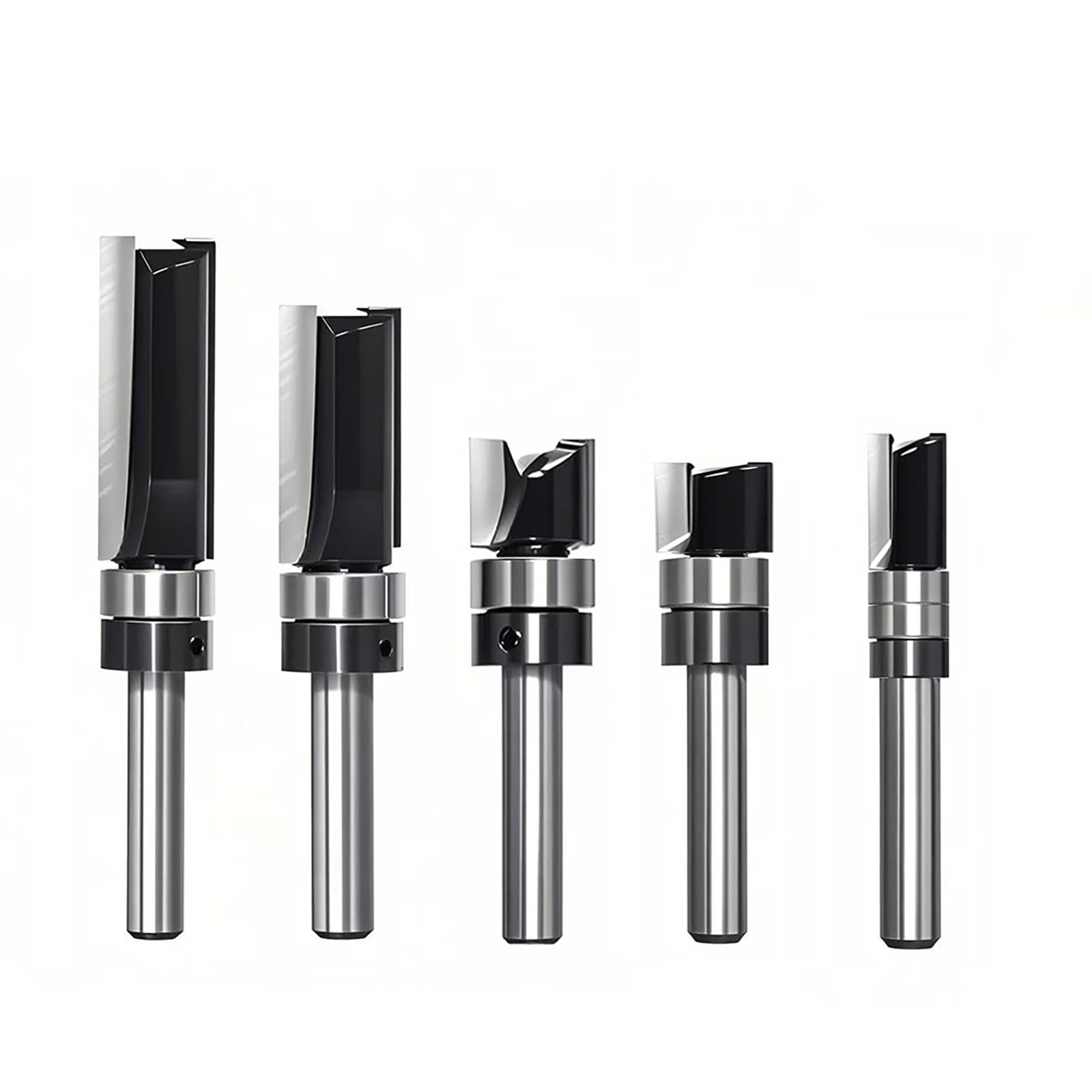 Lot de 5 fraises à défoncer droites à tige de 6,35 mm, pointe en carbure avec roulement supérieur – Motif et fraises de coupe droite pour coupe du bois, routage de gabarit, compatible avec les